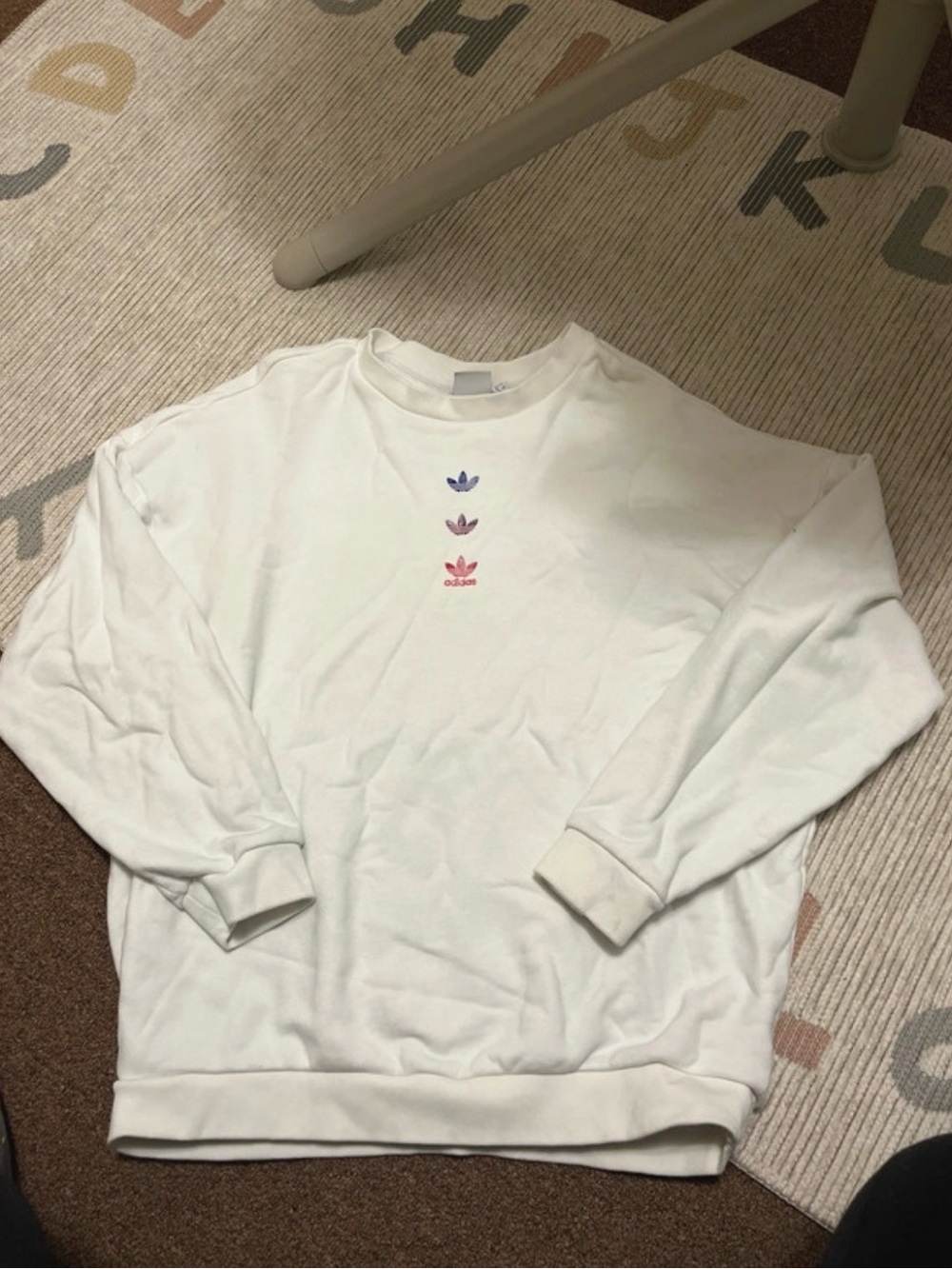 adidas White Crewneck Sweatshirt with Small Multicolor Trefoils